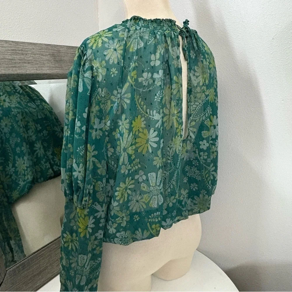 Free People Green Puff Sleeve Ruffled Blouse
